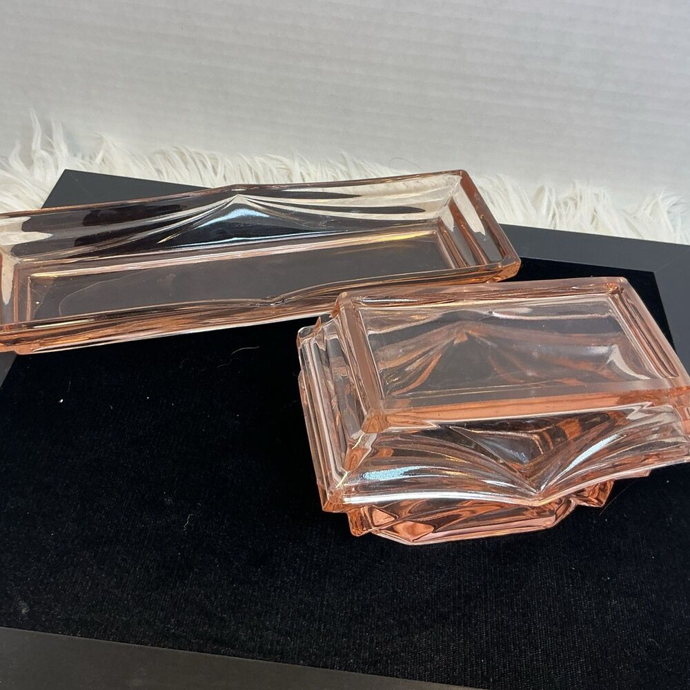 Art Deco cc1930s Pink Peach Depression Glass Vanity Set Trinket Dish, Lid, Tray
